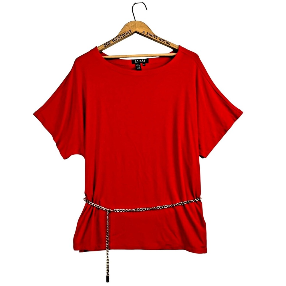 RALPH LAUREN Womens XL Red Rayon Knit Top Gold Chain Belt Removable‎ Dolman